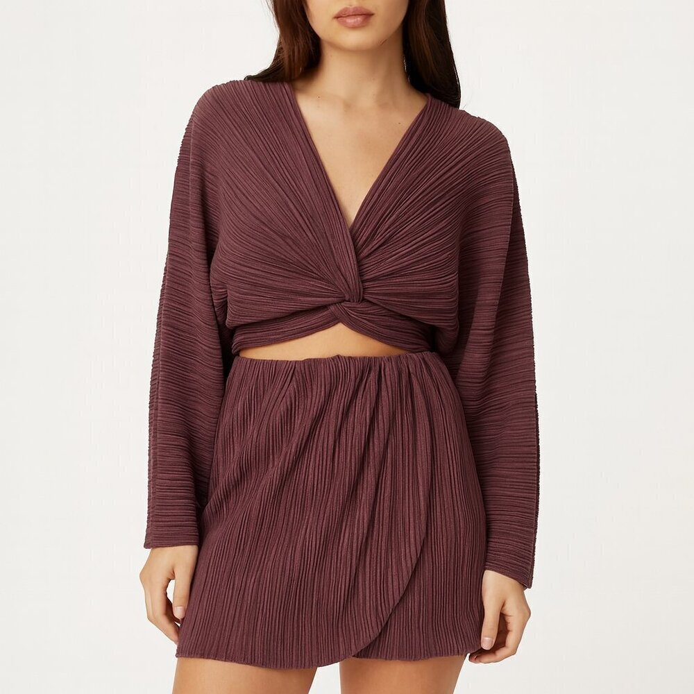 Mayle Vasquez Cienaga Dress Brown XS Pleated Wrap Mini Cutout Boho Chic